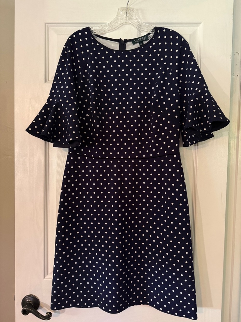 Lauren - Ralph Lauren Navy Polka Dot Ruffle Sleeve Midi Dress